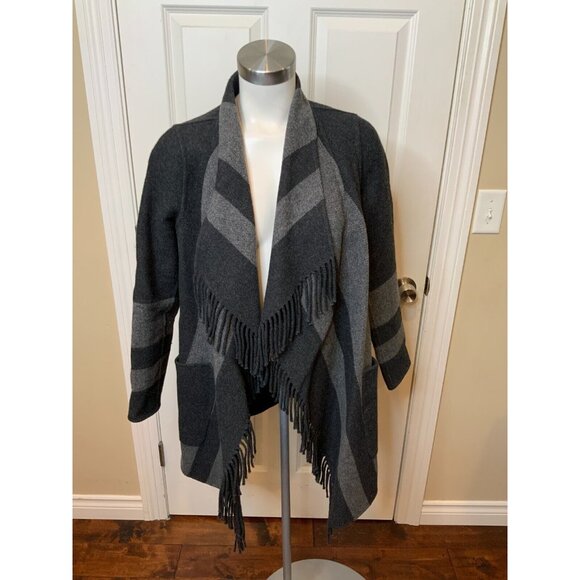 Diane Von Furstenberg Angie Gray Wool Striped Fringe Trim Coat Jackett, Size S - Picture 1 of 6